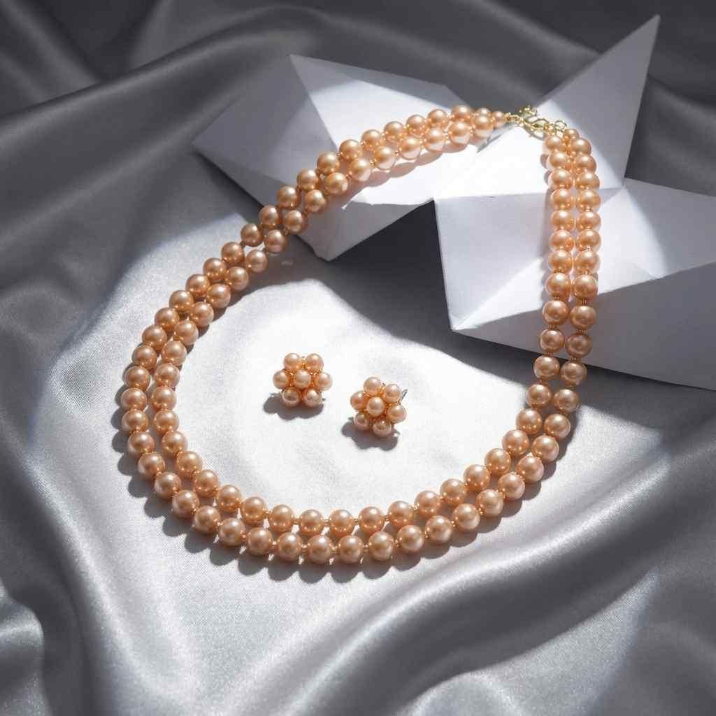 Multilayer Golden Brown Pearl Set With Earrings (Pack of 1)
